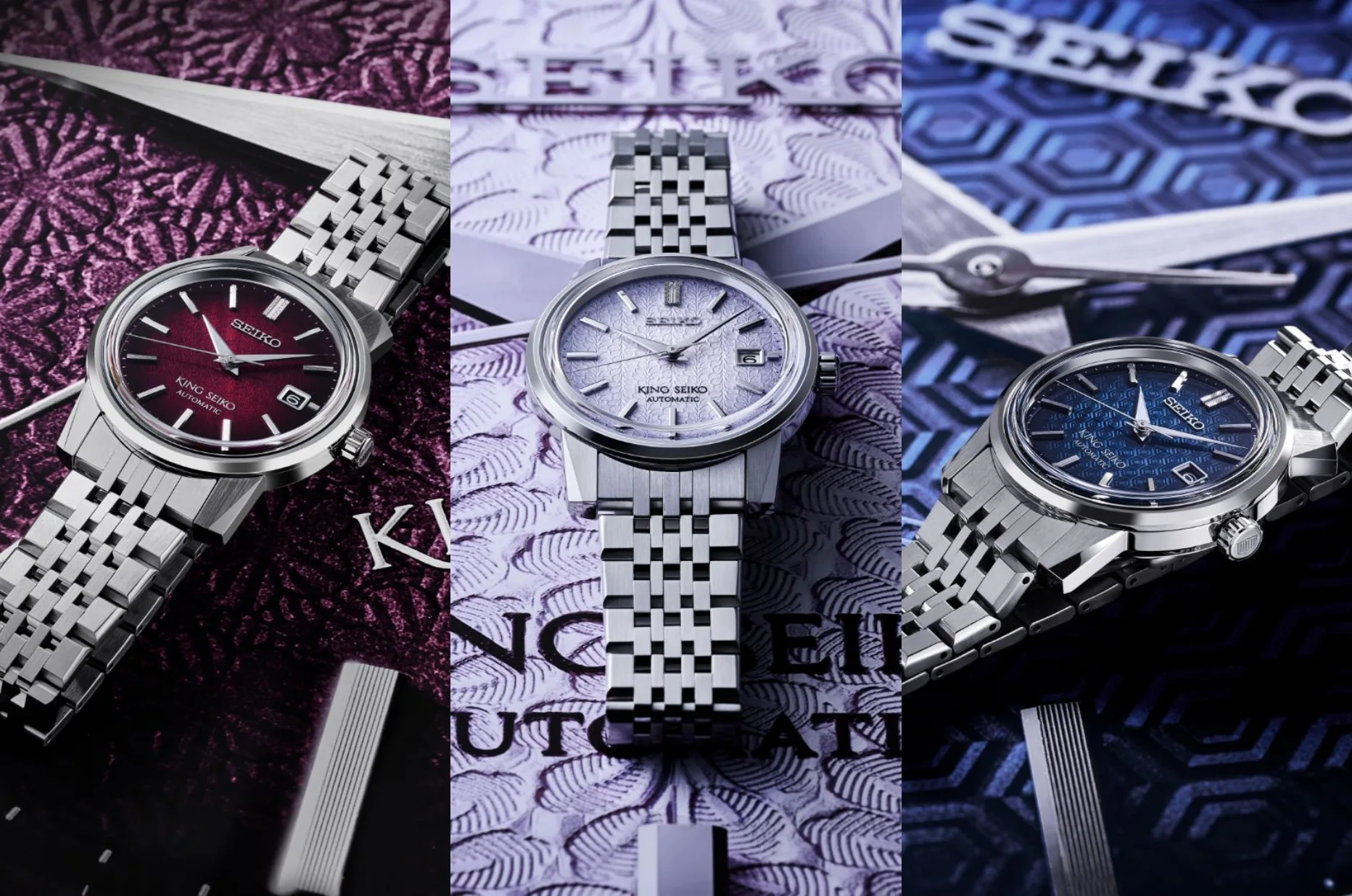 Zegarki King Seiko KSK z automatycznym mechanizmem 6L35 i dekoracyjnymi tarczami w kolorze czerwonym, jasnofioletowym i niebieskim