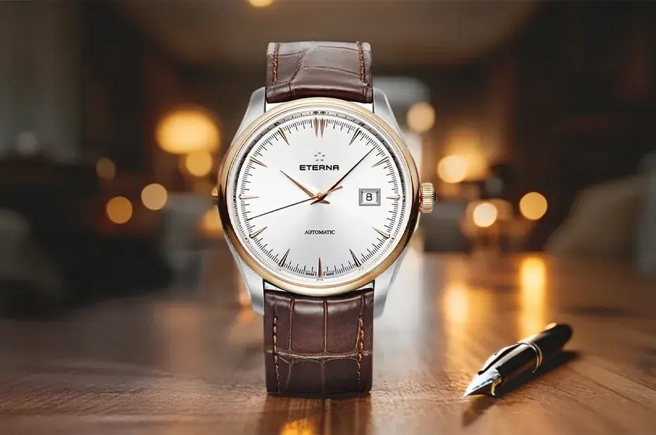 Eterna 1948 Legacy Date z brązowym paskiem i złoconą lunetą – elegancki zegarek automatyczny