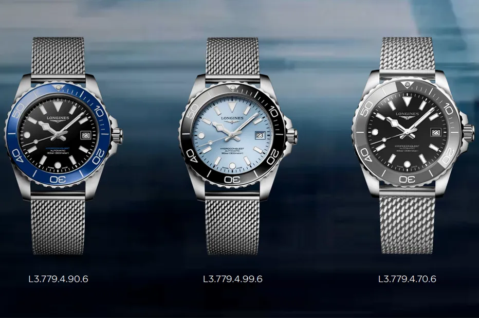 Nowe modele Longines HydroConquest 2026 na bransolecie mesh – wariant granatowy, jasnobłękitny i łupkowoszary