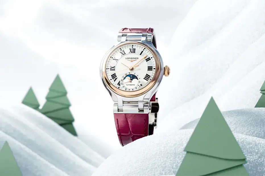 Dwukolorowy zegarek damski Longines PrimaLuna Moonphase na czerwonym pasku skórzanym