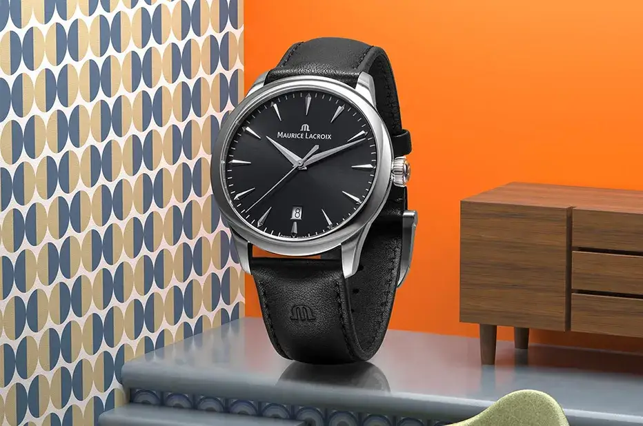 Minimalistyczny zegarek męski retro z czarną tarczą Marice Lacroix 1975