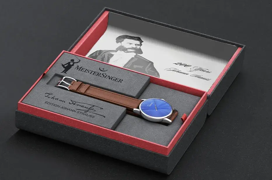 Limitowany zestaw zegarka MeisterSinger Johann Strauss w pudełku kolekcjonerskim z portretem kompozytora
