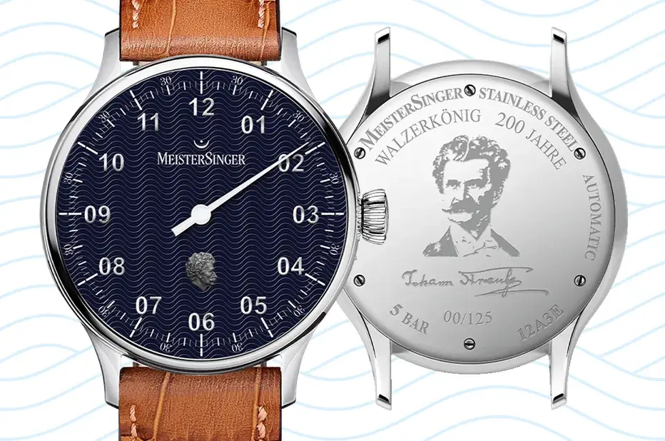 Zegarek z jedną wskazówką MeisterSinger Johann Strauss Pangaea – granatowa tarcza, grawer z portretem Johanna Straussa na deklu