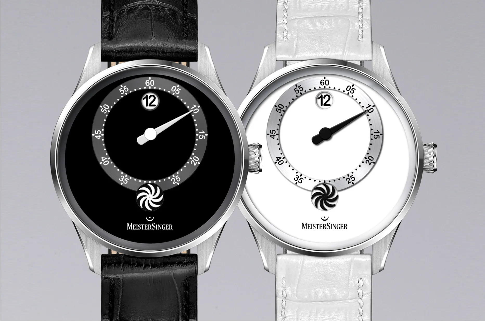 MeisterSinger Panthero Jumping Hour PTJH901 i PTJH902 z białą oraz czarną lakierowaną tarczą