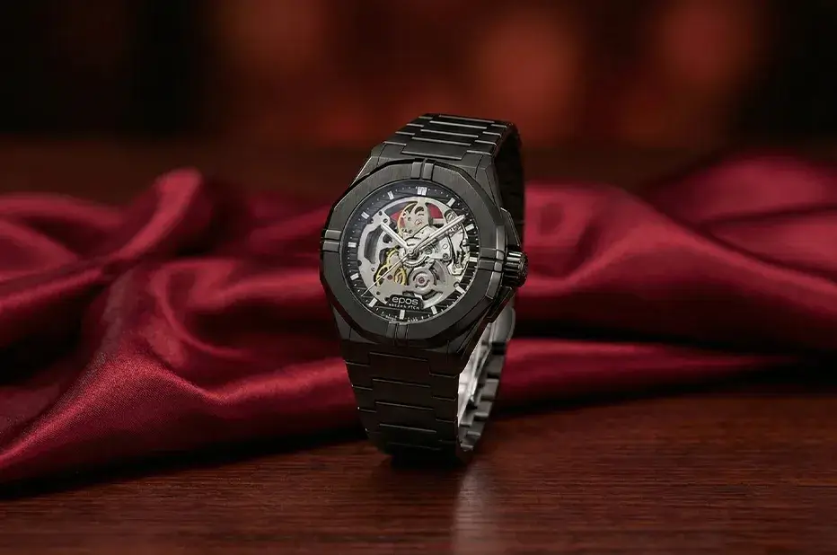 Epos Sport Skeleton czarny zegarek automatyczny z widocznym mechanizmem jako prezent walentynkowy