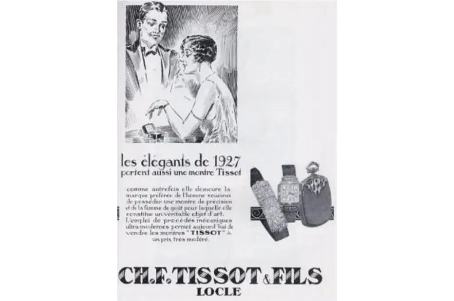 Reklama zegarków naręcznych Tissot z 1927 roku inspirowanych stylem Art Déco – pierwsze prostokątne zegarki damskie Tissot