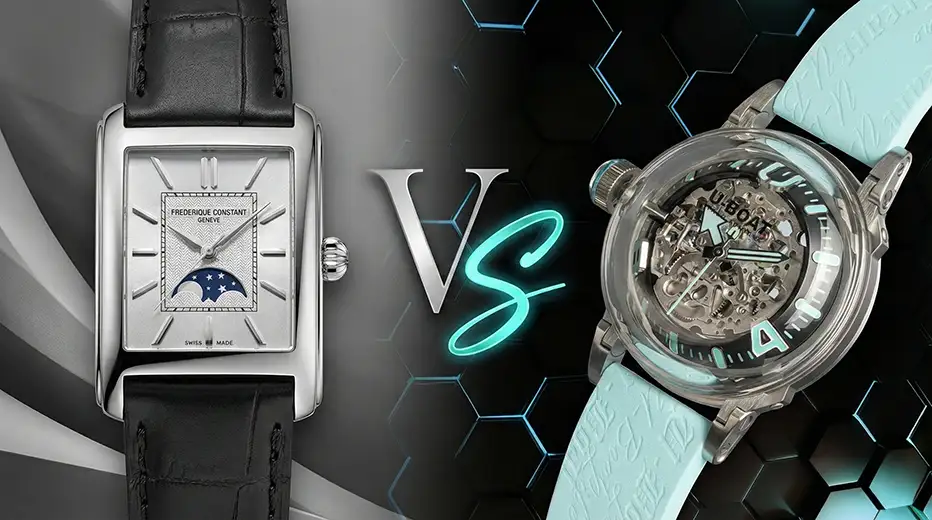 Porównanie jakości oryginalnego zegarka klasycznego i zegarka o awangardowym charakterze