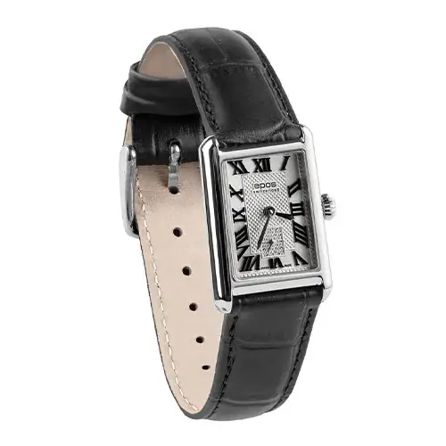 Elegancki prostokątny zegarek damski Epos Ladies w stylu Art Deco na czarnym pasku