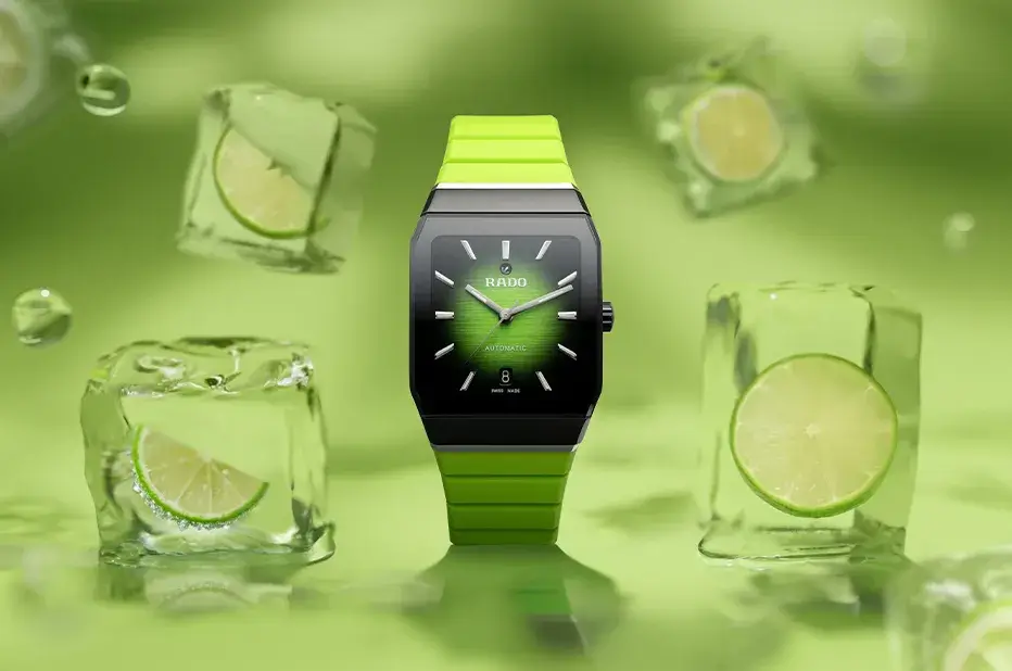 Rado Anatom Automatic R10201319 – prostokątny zegarek z zieloną tarczą, gumowym paskiem i datownikiem