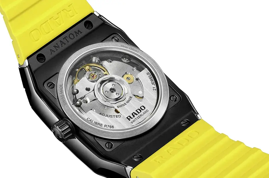 Mechanizm zegarka Rado Anatom Automatic R10201259 z widocznym transparentnym deklem – kaliber R766 Swiss Made
