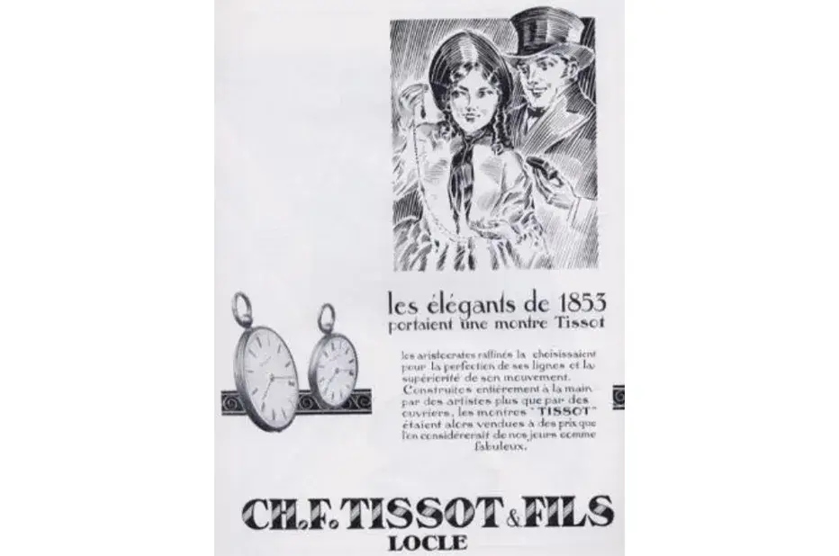 Archiwalna reklama zegarków kieszonkowych Tissot z 1853 roku – eleganckie zegarki damskie dla arystokracji
