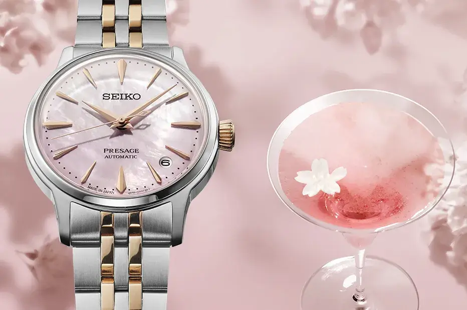 Srebrno-złoty zegarek damski Seiko Presage z różową tarczą pomysł na prezent