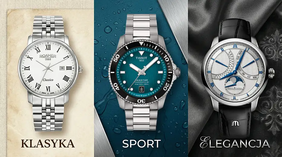 Porównanie trzech stylów zegarków: klasyczny, sportowy i elegancki