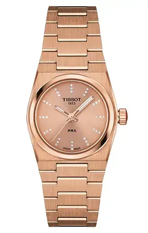 Damski Tissot PRX 25 mm, różowe złoto z diamentami