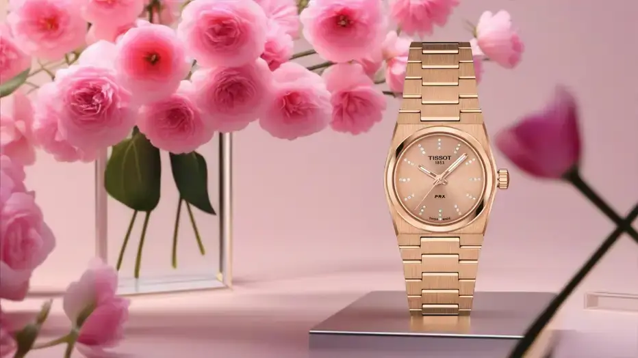Złoty zegarek Tissot PRX Quartz 25MM z różową tarczą z diamentami