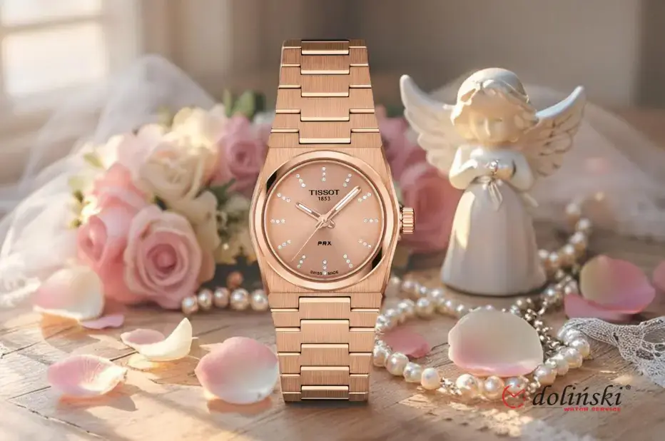 Zegarek Tissot PRX 25mm w różowo-złotej wersji z diamentami – elegancki prezent na komunię dla dziewczynki