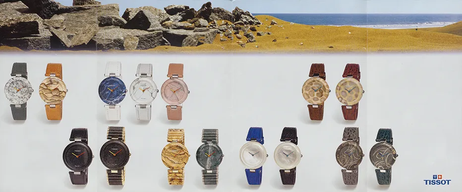 Kolekcja zegarków Tissot RockWatch z lat 80. wykonanych z naturalnych kamieni i minerałów, takich jak granit, jaspis, agat i lapis lazuli