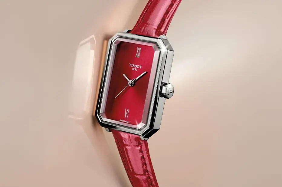 Zegarek damski Tissot SRV T160.110.16.423.00 z prostokątną kopertą i czerwoną tarczą na skórzanym pasku