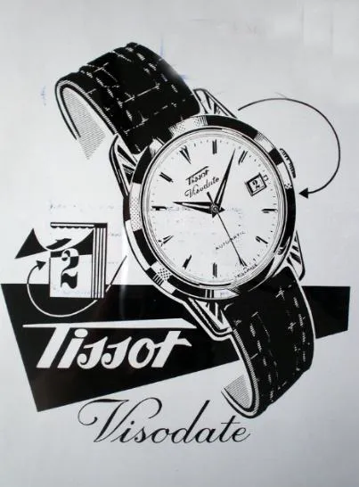 Tissot Visodate 1954 vintage reklama zegarka z datownikiem jeden z pierwszych zegarków z okienkiem daty