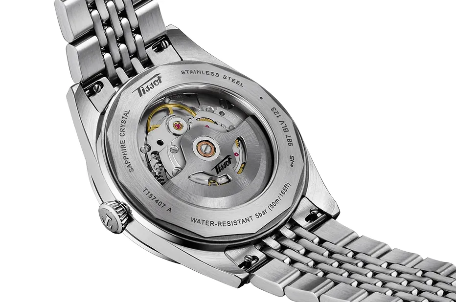 Tissot Visodate Powermatic 80 mechanizm automatyczny widoczny przez przeszklony dekiel