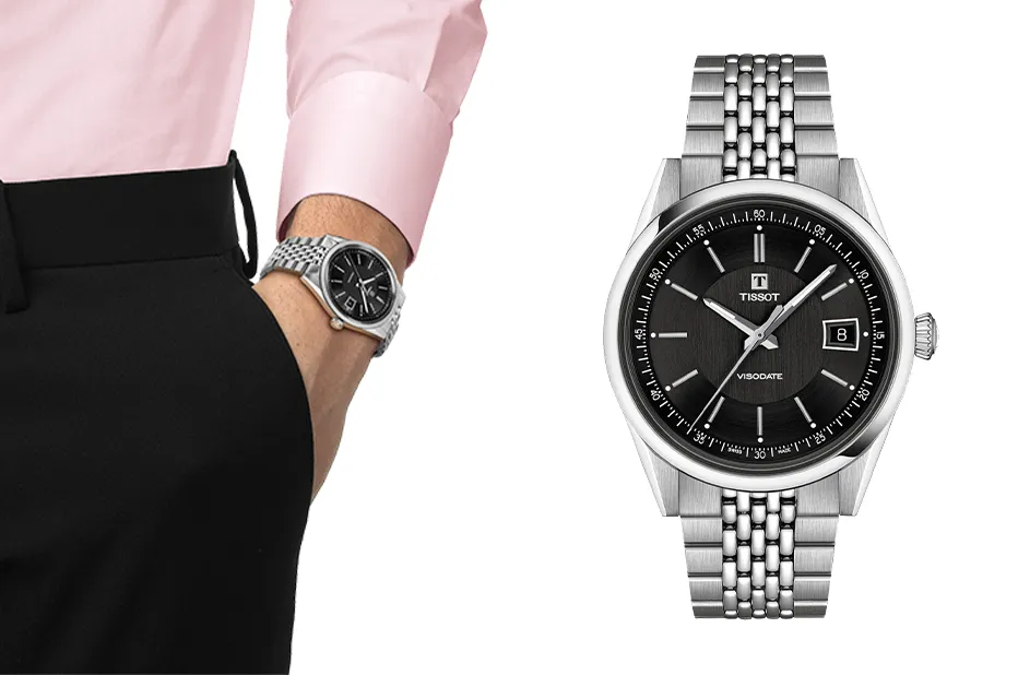 Tissot Visodate czarna tarcza na ręku elegancki zegarek męski do stylu biznesowego