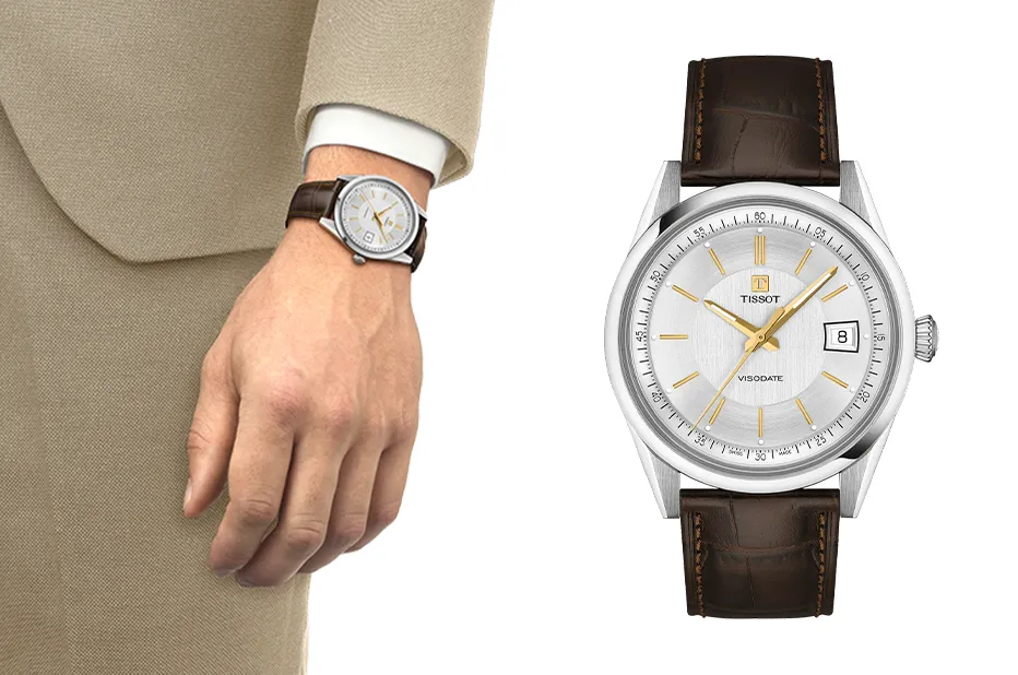 Tissot Visodate srebrna tarcza zegarek retro na pasku skórzanym