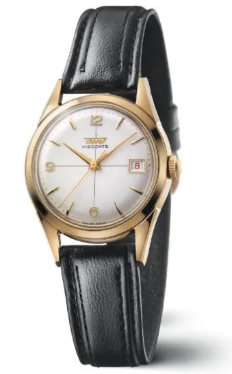 Tissot Visodate vintage złota koperta zegarek retro z datownikiem na czarnym pasku skórzanym