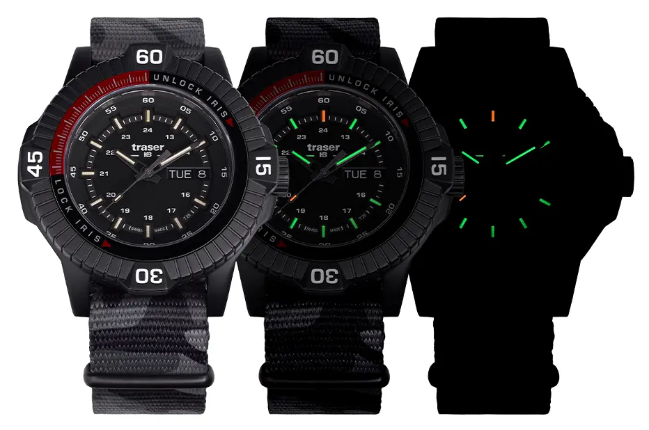 Zegarek Traser P99 Iris Tactical z trytowym podświetleniem trigalight® – widok dzienny i nocny