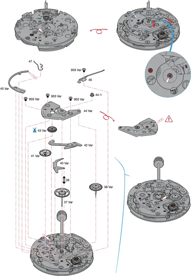 Diagram smarowania Valjoux 7750 z użyciem olejów Moebius 9010 i HP-1300 dla precyzyjnego działania chronografu
