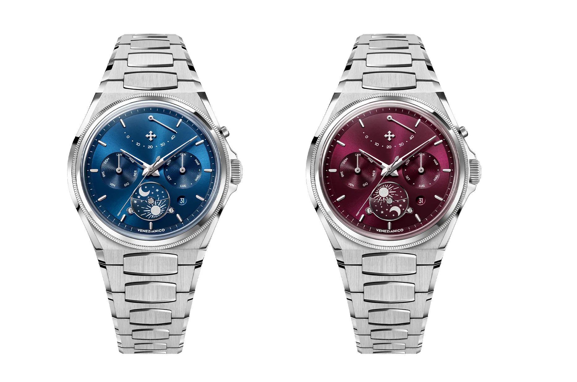 Mechaniczne zegarki z pełnym kalendarzem Venezianico Arsenale Calendario Blue i Borgogna