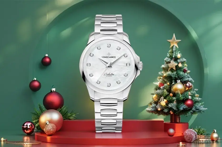 Srebrny zegarek damski Venezianico z perłową tarczą i diamentami