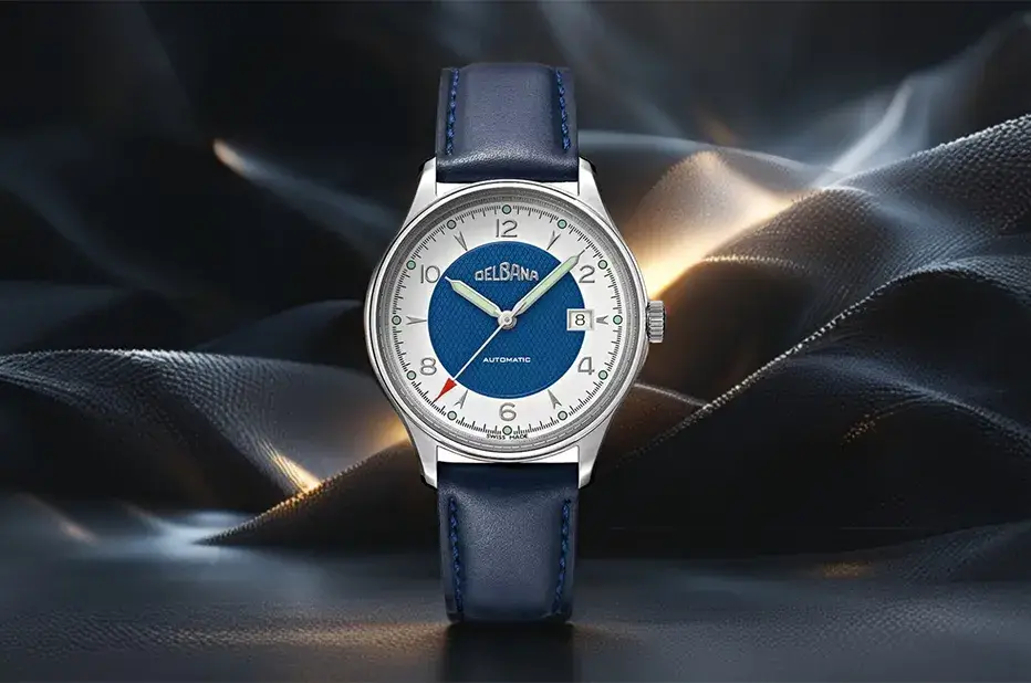 Szwajcarski zegarek Delbana Rotonda 41603.722.6.049 w stylu retro z niebieską tarczą