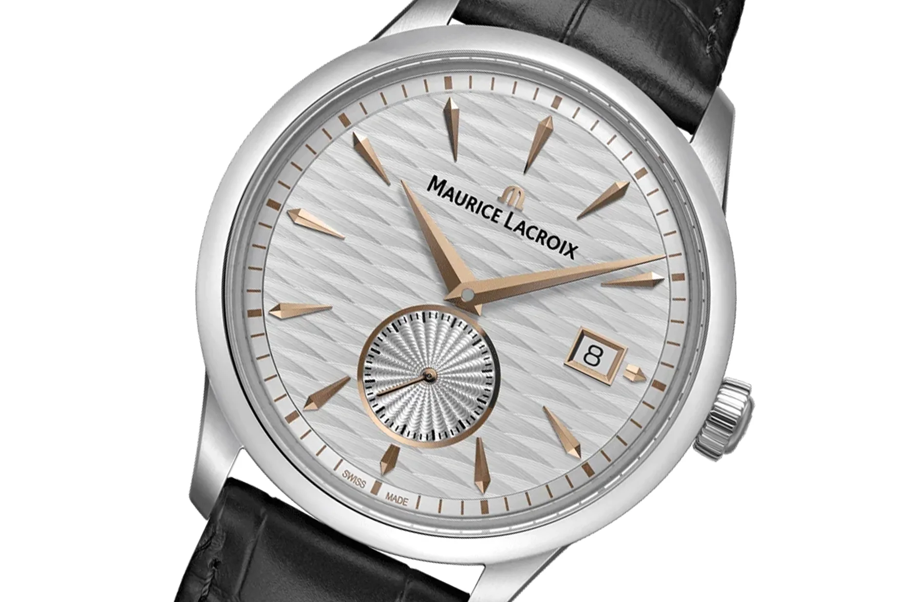 Męski zegarek ze srebrną tarczą Maurice Lacroix 1975 Legacy 756207-SS001-130-2 nawiązujący stylistyką do kolekcji Les Classiques