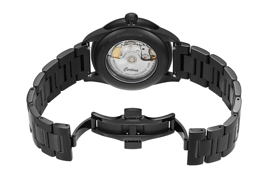 Tył zegarka Certina DS-1 Big Date – widoczny mechanizm przez transparentny dekiel