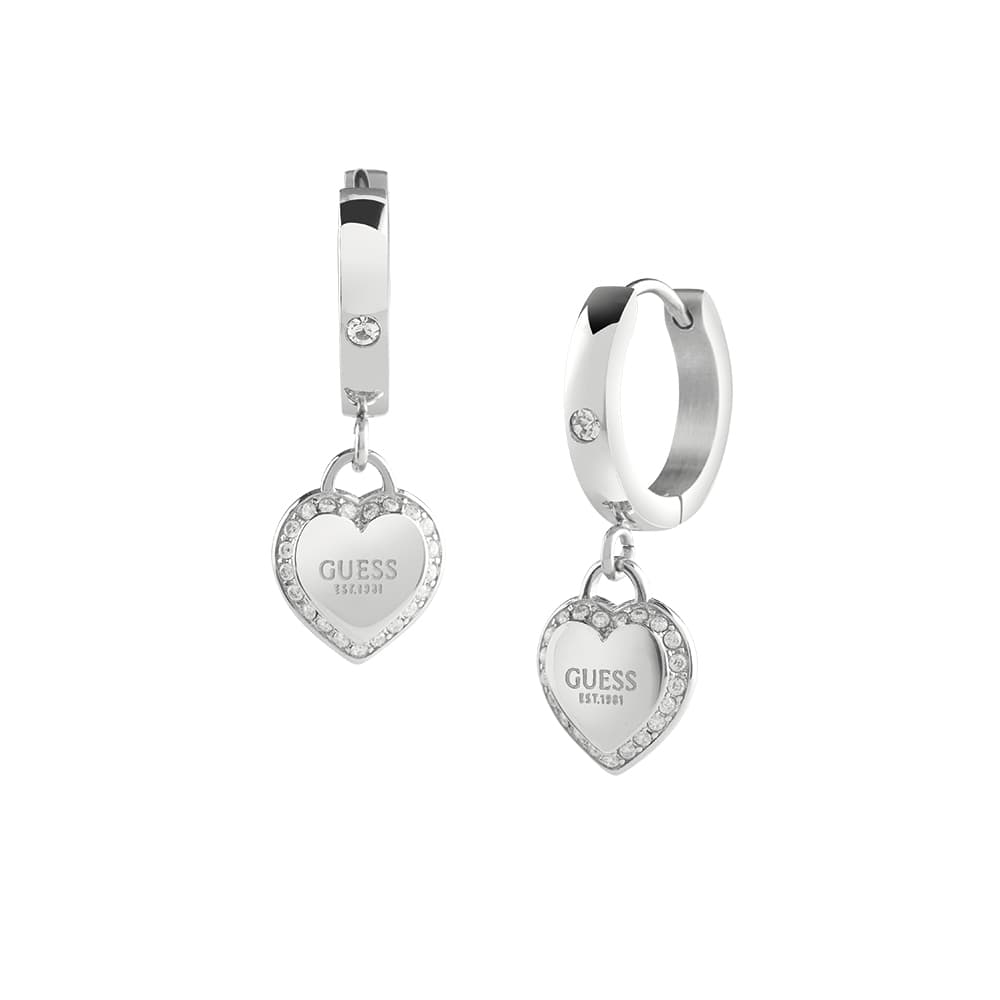 GUESS Orecchini A Cerchio Cuore Fine Heart JUBE01426, Con Zirconi Bianchi, Regolabili, Donna, Metallo Non Prezioso