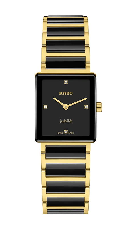 Kwadratowy zegarek bicolor Rado Integral Diamonds Lady R20252702 z czarną tarczą i diamentami