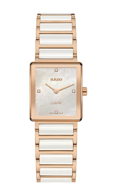 Kwadratowy zegarek bicolor Rado Integral Diamonds Lady R20251902 z perłową tarczą i diamentami