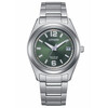 Tytanowy zegarek damski Citizen Super Titanium FE6151-82X z zieloną tarczą.