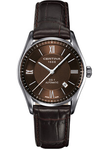 Automatyczny zegarek męski Certina DS 1 C006.407.16.298.00. Brązowa tarcza oraz pasek skórzany.