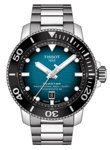 Zegarek nurkowy Tissot Seastar 2000 Professional z turkusową tarczą.
