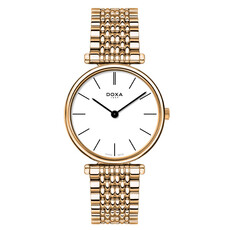 Pozłacany na różowo złoty kolor męski zegarek Doxa. Stalowa bransoleta.