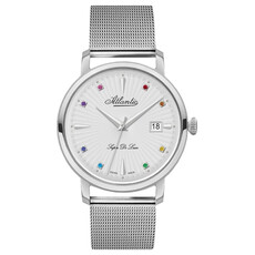 Srebrny zegarek damski z kolorowymi kamieniami Atlantic