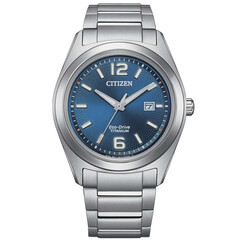 Tytanowy zegarek Citizen Super Titanium AW1641-81L z tarczą w kolorze niebieskim.