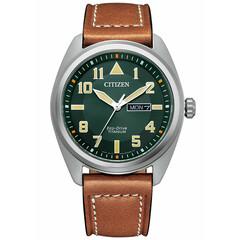 Zegarek wojskowy Citizen z zieloną tarczą i brązowym paskiem