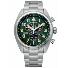 Wojskowy militarny zegarek Citizen z mechanizmem Eco-Drive i chronografem, zielona tarcza