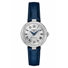 Elegancki zegarek damski Tissot Bellissima Automatic T126.207.16.013.00 na niebieskim pasku.