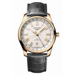 Męski zegarek z 18k różowego złota Longines na szarym skórzanym pasku