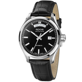 Elegancki zegarek Epos Passion Day Date 3501.142.20.95.25 z czarną lakierowaną tarczą