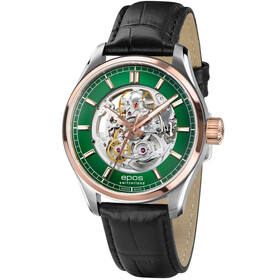 Zegarek szkieletowy z zieloną tarczą i złoconymi elementami