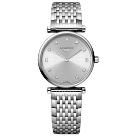 Srebrny zegarek damski Longines z diamentami